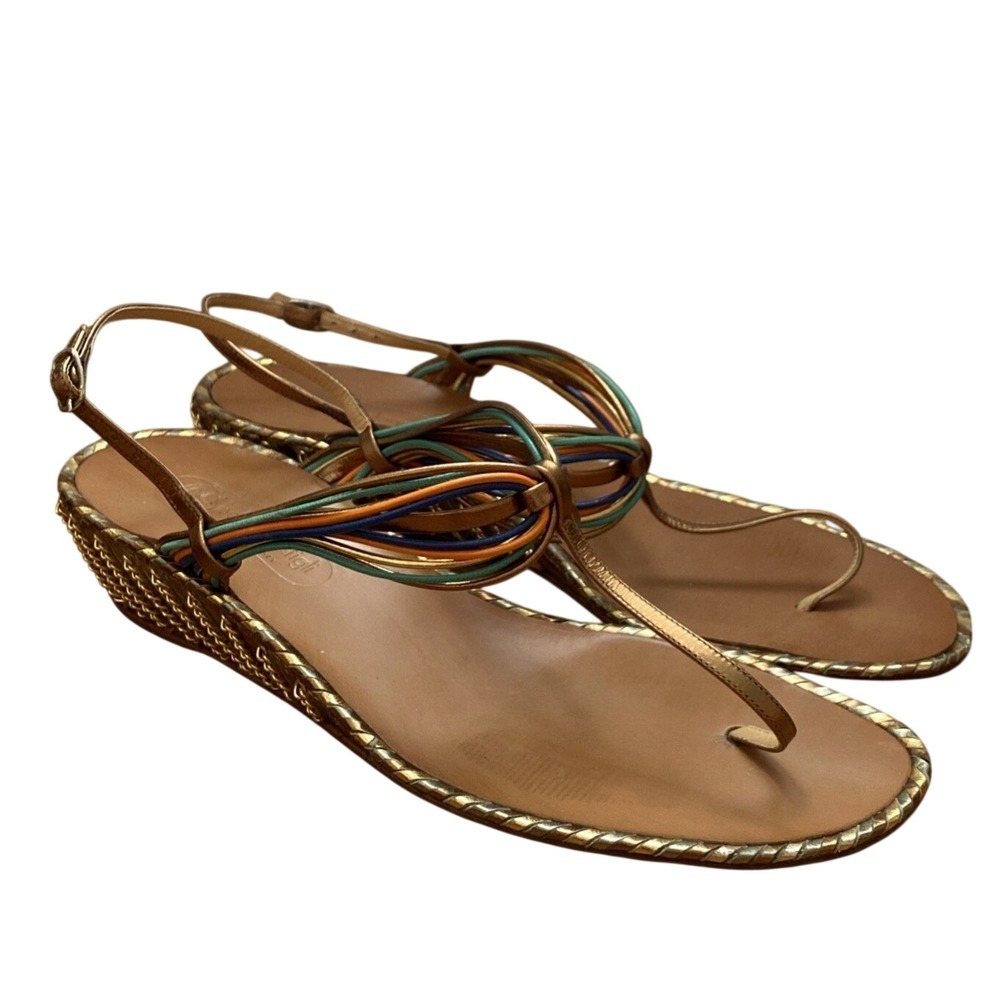 Bologna & Figli Italian Leather Strappy Copper Stripe Sandal 7.5 Beachy Wedge